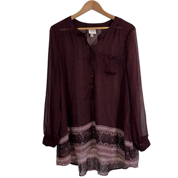 Knox Rose Boho Tunic Top Size 1X Maroon Sheer Collarless Long Sleeve Henley - Picture 2 of 14
